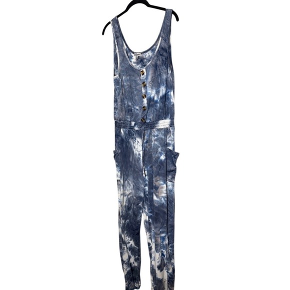 J for Justify Pants - J for Justify Blue Tie Dye Sleeveless Button Front Drawstring Jumpsuit Large
